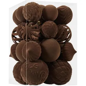 30pcs Velvet Christmas Ball Ornaments, Flocked Shatterproof Christmas Ornaments Hanging Xmas Tree Decorations Set for Home Party Holiday Decor (Multi-Size, Brown)