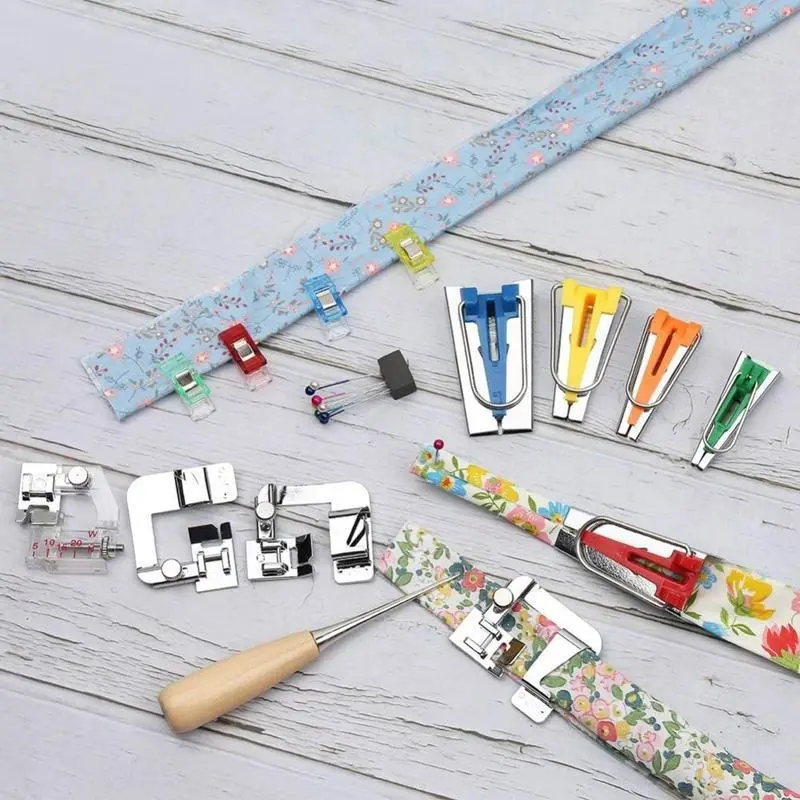 Bias Tape Tool Kit with Instruction. 5 Sizes Bias Tape Maker (6mm, 9mm, 12mm, 18mm, 25mm). 4 Pcs Sewing Machine Presser Foot, Sewing Clips, Ball Point Pins, Awl for Fabric Sewing and Quilting Bias Tape Tool Kit with Instruction. 5 Sizes Bias Tape Maker (6mm, 9mm, 12mm, 18mm, 25mm). 4 Pcs Sewing Machine Presser Foot, Sewing Clips, Ball Point Pins, Awl for Fabric Sewing and Quilting