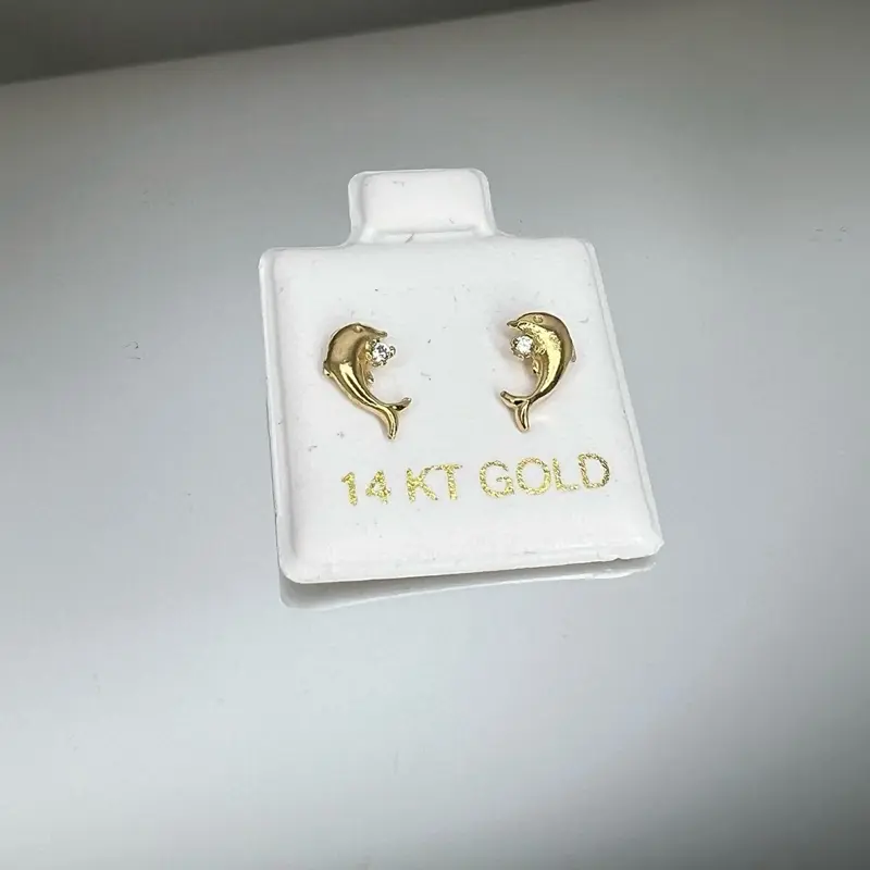 14k Gold Dolphin Earrings with Small Stone - Elegant and Durable, High Quality Earrings, Unique Design Earrings
