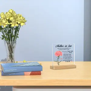 Acrylic Desktop Ornament for Mothers, Heartfelt Gratitude Quotes, Delicate Carnation Design, Wooden Base, Table Corner Decor, Gift