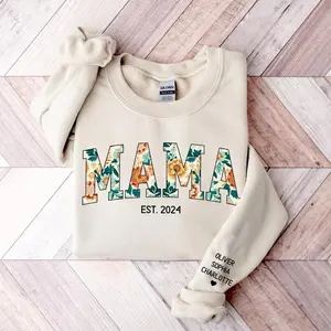 Mama Sweatshirt Custom Kids Names On Sleeve, Mama Floral Sweatshirt, Personalized Mama Crewneck, Christmas Gift For Mom, Mother's Day Sweatshirt