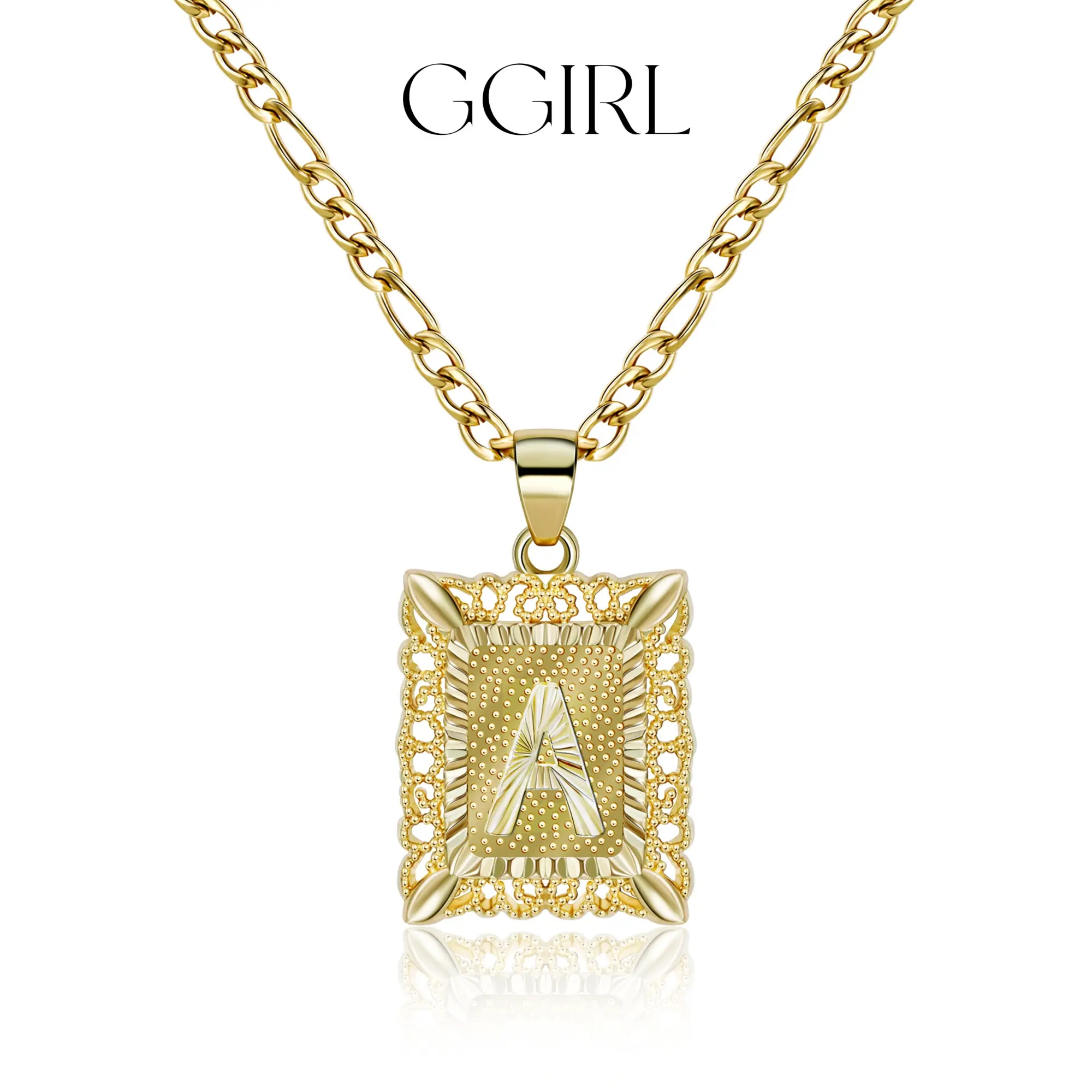 GGIRL 18K Gold Plated Unisex Square Capital Initial Pendant Necklace, A-Z Monogram Figaro Chain Jewelry Accessories, Fashion Jewelry Gifts for Boyfriend Daily Summer Beach Parties Holiday Christmas Birthday Anniversary Back to School Various  Occasions
