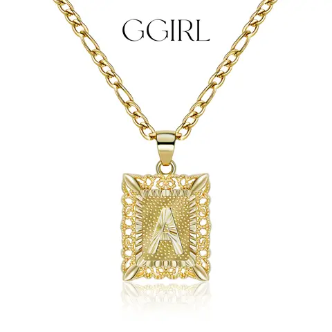 GGIRL 18K Gold Plated Unisex Square Capital Initial Pendant Necklace, A-Z Monogram Figaro Chain Jewelry Accessories, Fashion Jewelry Gifts for Boyfriend Daily Summer Beach Parties Holiday Christmas Birthday Anniversary Back to School Various  Occasions