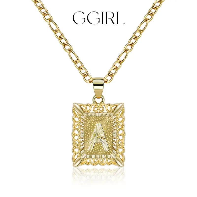 GGIRL 18K Gold Plated Unisex Square Capital Initial Pendant Necklace, A-Z Monogram Figaro Chain Jewelry Accessories, Fashion Jewelry Gifts for Boyfriend Daily Summer Beach Parties Holiday Christmas Birthday Anniversary Back to School Various Occasions