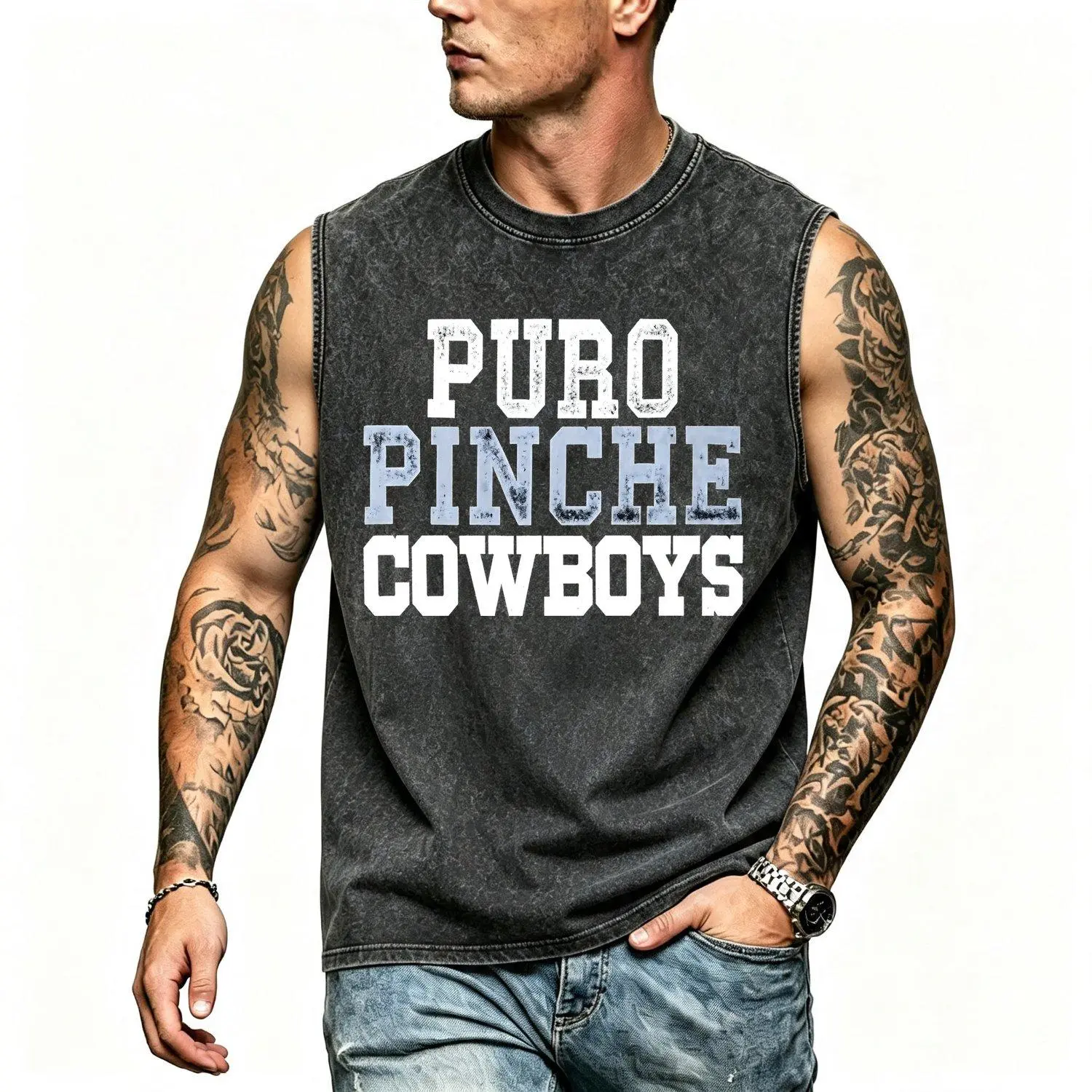 Puro Pinche Cowboys Printed Vests Short Sleeve Crew Neck Casual Outerwear Stylish Graphic Pattern Design