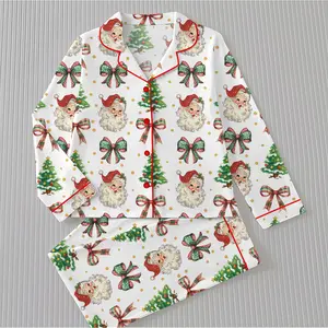 Coquette Christmas Santa Christmas Tree On Gold Dots Satin Pajama Set, Christmas Nightwear Pajama, Sleepwaer Pjs Gifts