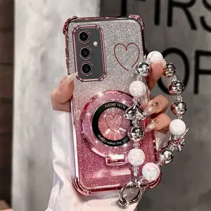 S25 Impact Resistant PC Fashion Strap Lanyard Mobile Phone Holder Case For Compatible With Samsung Galaxy S25 Lovely Heart Pattern Stand Cover