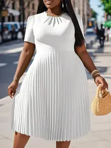 Plus Size Women's Brown Pleated Hem Dress Casual Summer Vacation A Line Half Sleeve Round Neck Knee Length Non-Stretch Woven Fabric with Zipper Closure - Fit