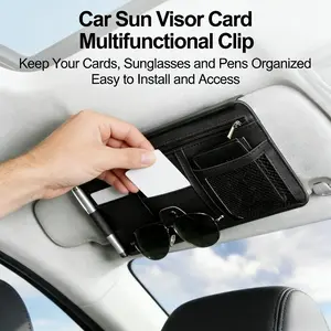 New Premium PU Leather Car Sun Visor Organizer, Multifunctional Auto Sun Visor Card Holder with Zipper Pocket, Sunglasses Clip, Pen Slot and Mesh Pocket, Universal Vehicle Accessories for Cards, Tickets and Documents, Car Organization Supplies