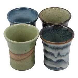 Ebros Gift Japanese Colorful Abstract Art Natural Glazed Porcelain 5oz Drink Coffee Tea Cup Set of 4 Made In Japan Artistic Pottery Decor Of Asian Fusion Decorative Earthenware Drinking Cups