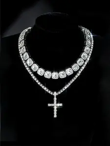 Fashionable and simple cross pendant with square diamond Cuban chain set, moissanite European and American hip-hop style necklace pendant, gold and silver chain necklace, ice diamond tennis festival necklace jewelry set