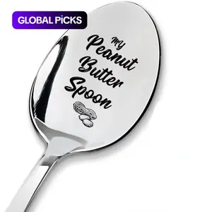 Stainless Steel Spoon, Peanut Butter Engraved Spoon, Ice Cream Spoon, Coffee Spoon, Kitchen Utensils for Home Use, Gift for Parents, Grandparents, Culinary Cutlery