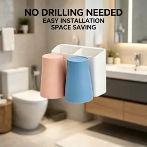 No-Drill Wall-Mounted Toothbrush Holder, Adhesive Toothbrush Cup Rack, Convenient Bathroom Storage Solution, Easy-To-Install Organizer