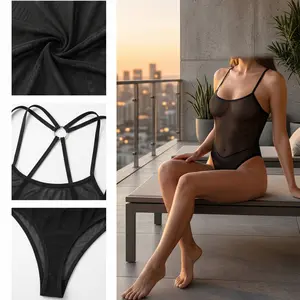 SILIX Black Sheer Mesh Bodysuit | High Cut Strappy Design, Intimate Loungewear