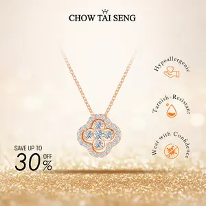 【ChowTaiSeng Jewelry】Silver Zircon Double-sided Rotatable Lucky Clover Necklace