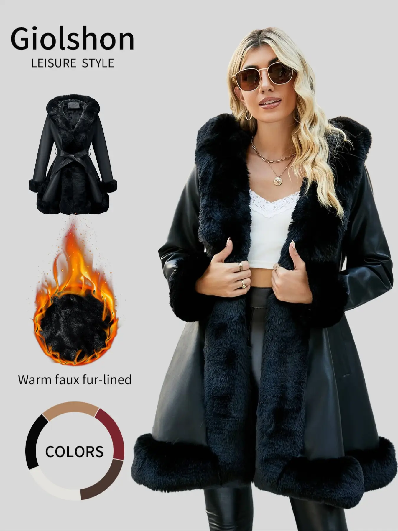 Women's Pu Leather Faux Fur Jacket, Casual Long Sleeve Belted Coat with Pockets, Fall & Winter Outerwear, Warm Daily Wear