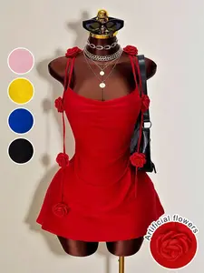 Women's Backless Crossed Adjustable Strap Rose Decor Bodycon Short Dress, Sexy Back Cut Out Ruched Design, Party Formal Evening Gown