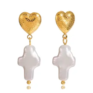 Heart and Simulated Pearl Cross Dangling Earrings - Pair - 18K Gold Plated Stainless Steel