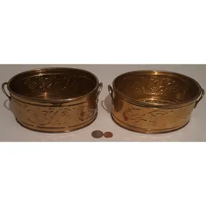 2 Vintage Metal Brass Planters, Home & Garden, 7" x 5 1/2" x 3", Brass Handles, Made in India, Home Decor, Table Display, Shelf Display