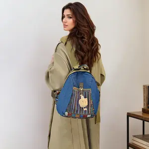 Women's Practical Denim Rucksack with Double Zipper Closure, Classic Printed Shoulder Bag with Adjustable Strap and Top Handle for Casual Daily Use and Commuting