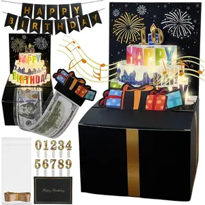 Birthday Money Box for Cash Gift, Money Pull Box with Music Light and DIY Number Placard 13th 16th 18th 21th for Any Age, Birthday Decorations for Boys Girls Kids Adult