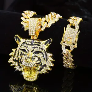 3D Tiger Pendant Necklace and Bracelet Set 3 Pieces Miami Cuban Chain Hip Hop Jewelry for Men Unisex Gold Silver Durable Statement Accessory