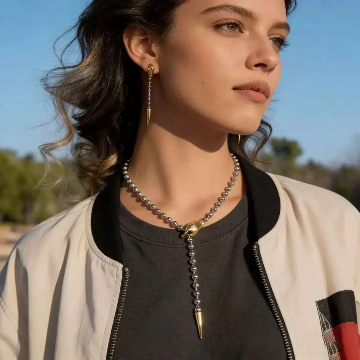 Emma's Heart 2-Tone Snake Y-Shaped Long Necklace, 316L Titanium Steel Adjustable Chain, Solid Artificial Gemstone Jewelry, Casual Daily Stackable Accessory for Live Streams