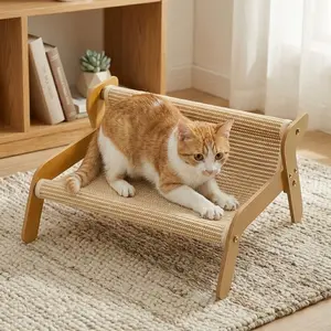 Two-In-One Hemp Cat Scratcher, Durable Large Size, Cat Sofa, All-Season Wooden Pet Hammock, Comfortable Lounge Chair for Cats