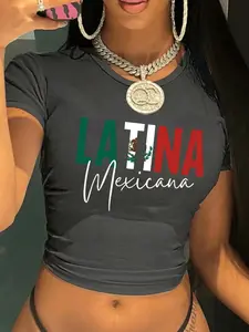 Women's Letter Print Round Neck Crop Tee, Casual Slim-fitting Short Sleeve T-shirt, Ladies Summer Clothes for Daily Wear