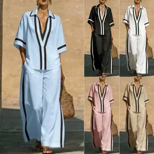 Women's 2-Piece Color Block Outfit - Short Sleeve Top, Wide Leg Pants, Casual Summer Loose Fit for Daily Wear