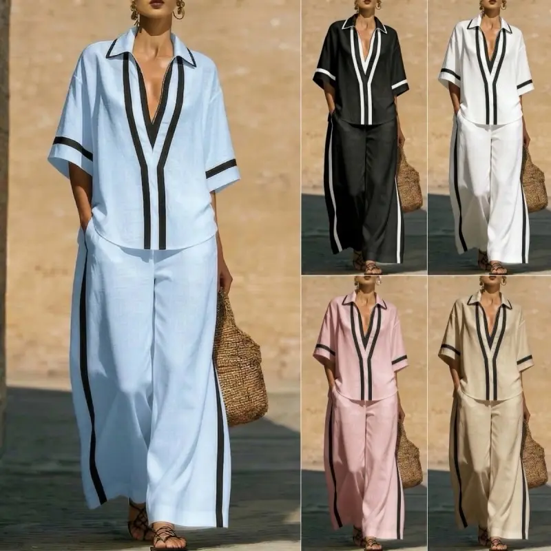Women's 2-Piece Color Block Outfit, Casual Short Sleeve Top and Wide Leg Pants, Comfortable Breathable Set for Summer Everyday Wear