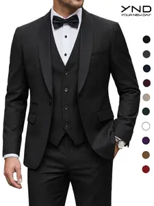 YND Men's 3-Piece Slim Fit Tuxedo Set, One-Button Shawl Collar Solid Jacket Vest Pants with Bow Tie，suitable for formal occasions, business events. party & casual events, wedding tuxedos, party performances, and men's three-piece party suits