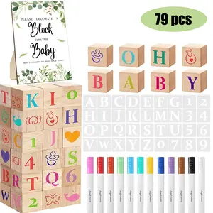 79 Pcs BabyShower Blocks Games Sets, Including 30 DIY Blank Wooden Block 36 Stencils 12 Marker 1 Decorate a Block Game Sign for Gender Reveal BabyShower Party Decoration Supplies