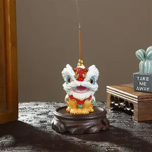 Chinese Style Lion Dance Design Incense Burner, Resin Incense Holder with Wooden Base, Home Decor Ornament for Living Room Bedroom