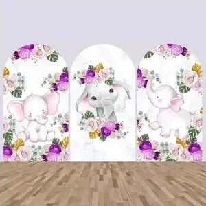 Purple Flower Little Elephant Arch Covers Stretchy Backdrop, Watercolor Baby Elephant Floral Design, Perfect for Girls Baby Shower 1st Birthday Party Photo Backdrop