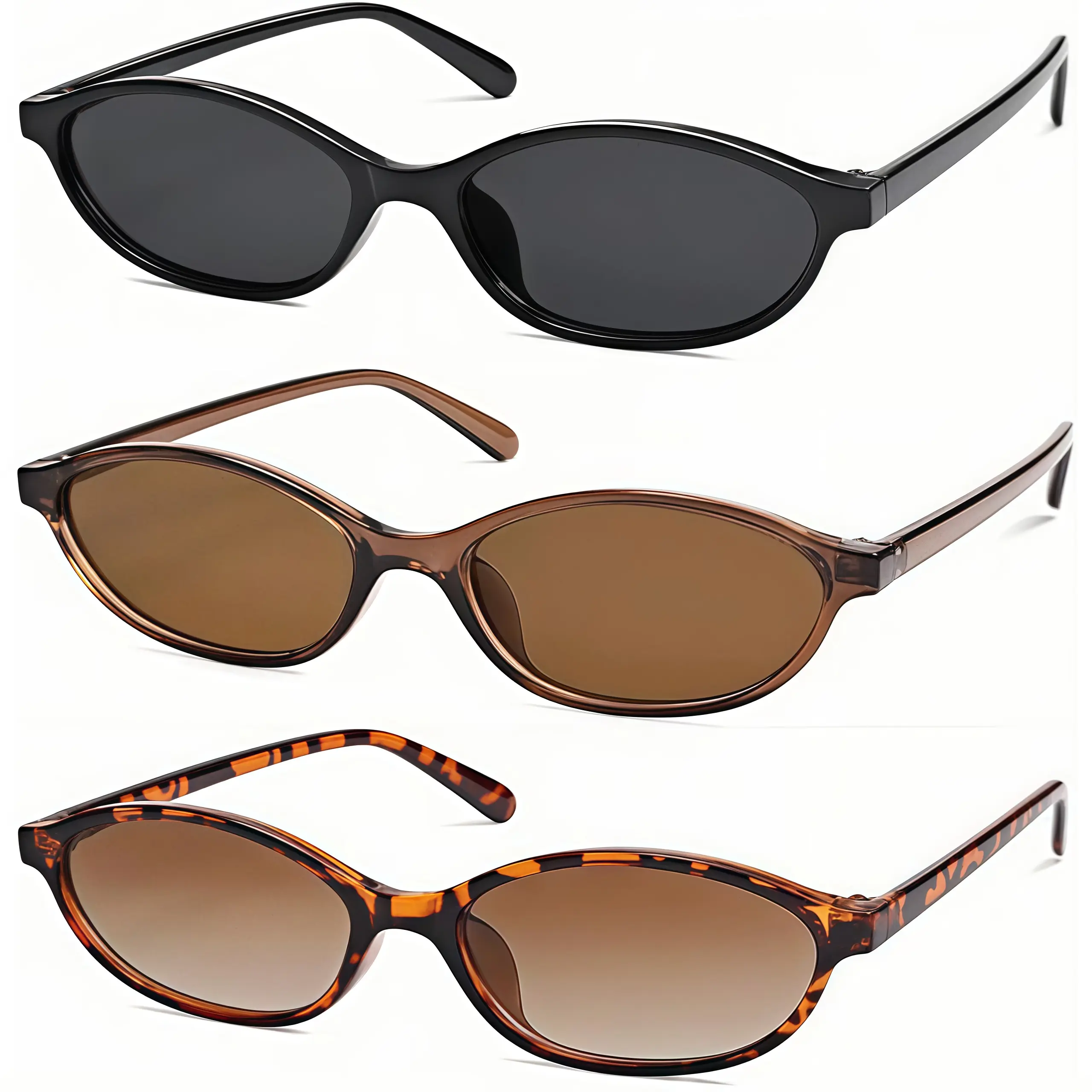 EUNOIALENS Women's 3-Piece Oval Shape Sunglasses for Women - Slim Trendy Frames, 90's Chic Full Rim, Lightweight PC UV Protection, Vintage Charm Everyday Casual Eyewear, Polycarbonate
