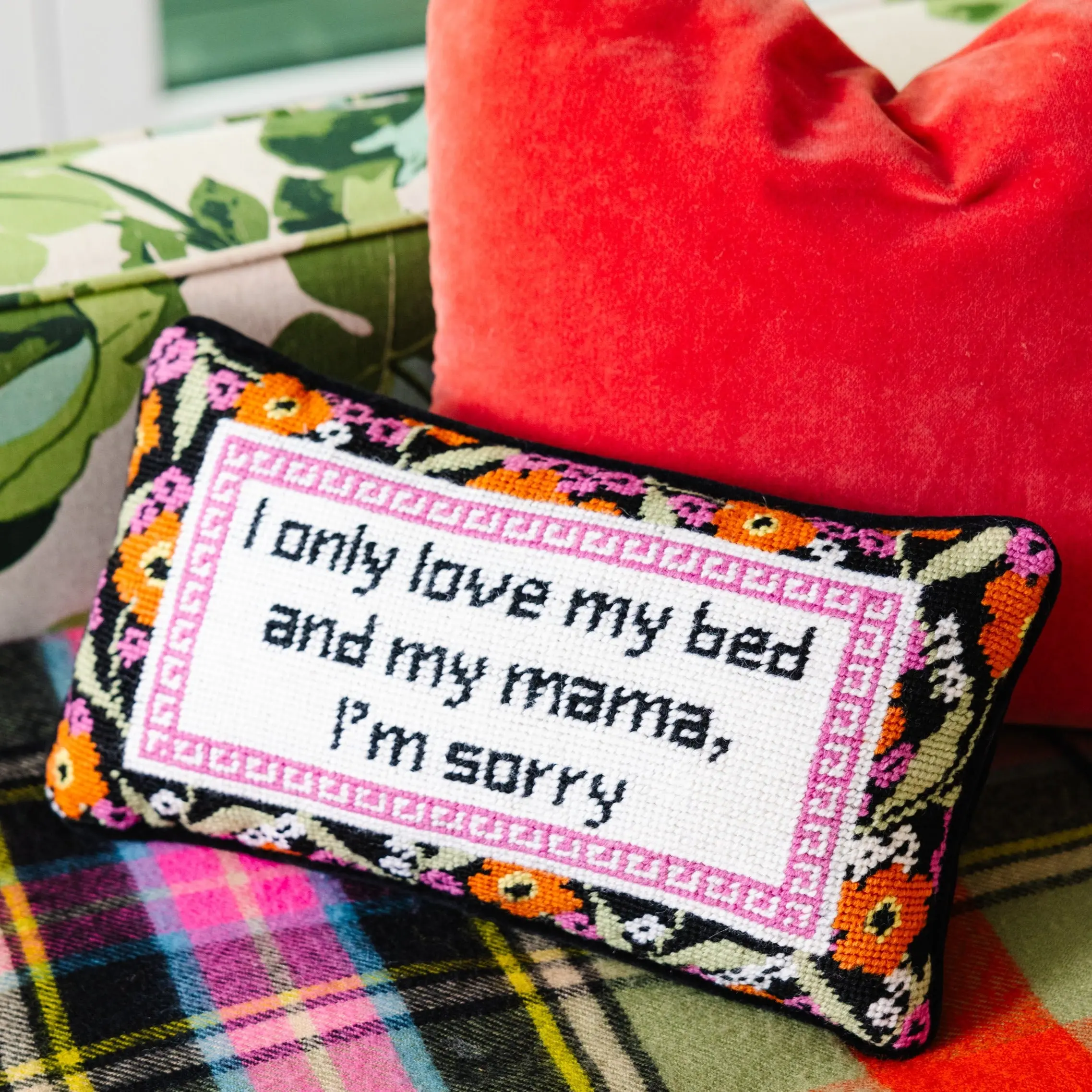 Small-Size Needlepoint Velvet Embroidery Pillow - Southern Craft Decor with Vibrant Playful Quote, Dopamine Home Accent for Bedside Use