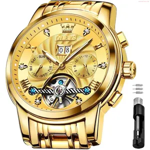 OLEVS Watch OLEVS Men's Automatic Mechanical Watches Luxury Dress Waterproof Self Winding Moon Phase Chronograph Stainless Steel Luminous Date Tourbillon Wristwatch for Men