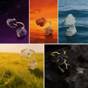 Stylish and minimalist natural rose quartz and amethyst double four-prong fixed ring, multi-color adjustable ring