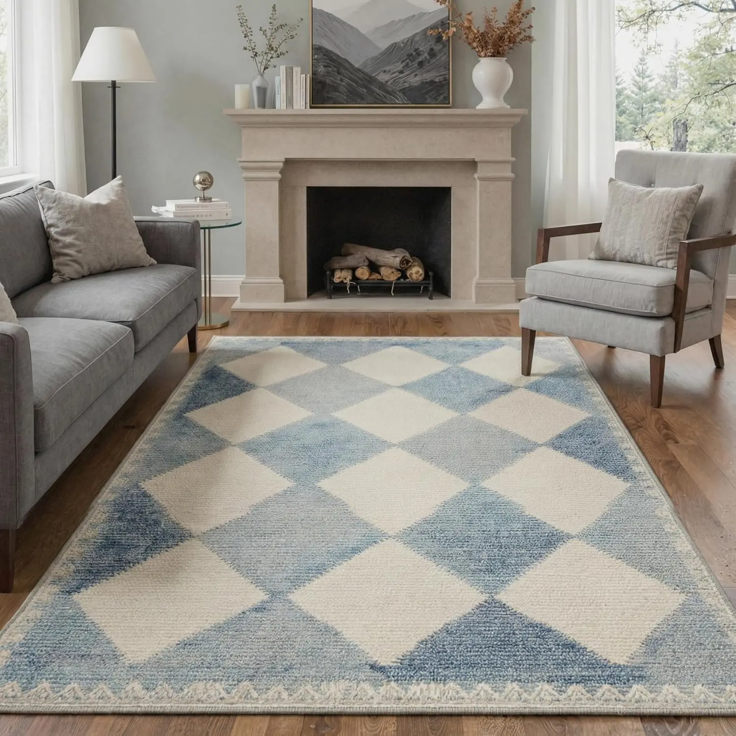 【Deals For You Days】BEIMO Washable Rugs for Living Room Non Slip Low Pile Area Rugs, Lightweight Machine Washable Rug with Diamond Print Pattern for Bedroom Dining Room Home Office, Sky Blue
