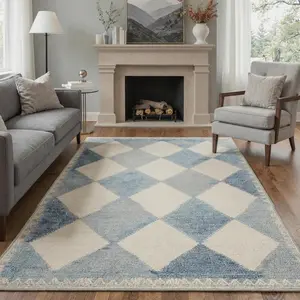 Washable Rugs for Living Room Non Slip Low Pile Area Rugs, Lightweight Machine Washable Rug with Diamond Print Pattern for Bedroom Dining Room Home Office, Sky Blue
