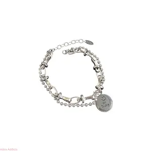 New High End Vintage Thai Silver Smiley Face Bracelet for Women With Double Layer Beads Ins Style Light Luxury Daily Wear US Design