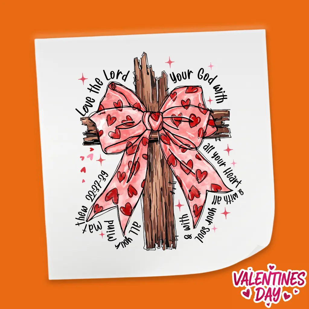 Love the Lord Your God Cross Bow Design - Valentine's Day DTF Heat Transfer Sheet