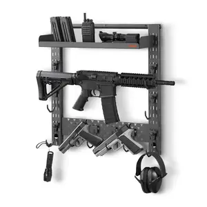 VEVOR Gun Rack Wall Mount, Heavy Duty Steel, Indoor Rifle Shotgun Rack with J-Hooks, Additional Tray Storage, Gun Accessories Storage Holder, Hold Up to 3 Rifles Shotguns, for Tactical Gear
