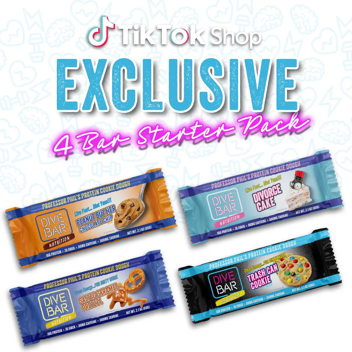 Dive Bar 4 Bar Starter Pack - Protein Cookie Dough Protein Snack Bars Chocolate Peanut Butter Caramel