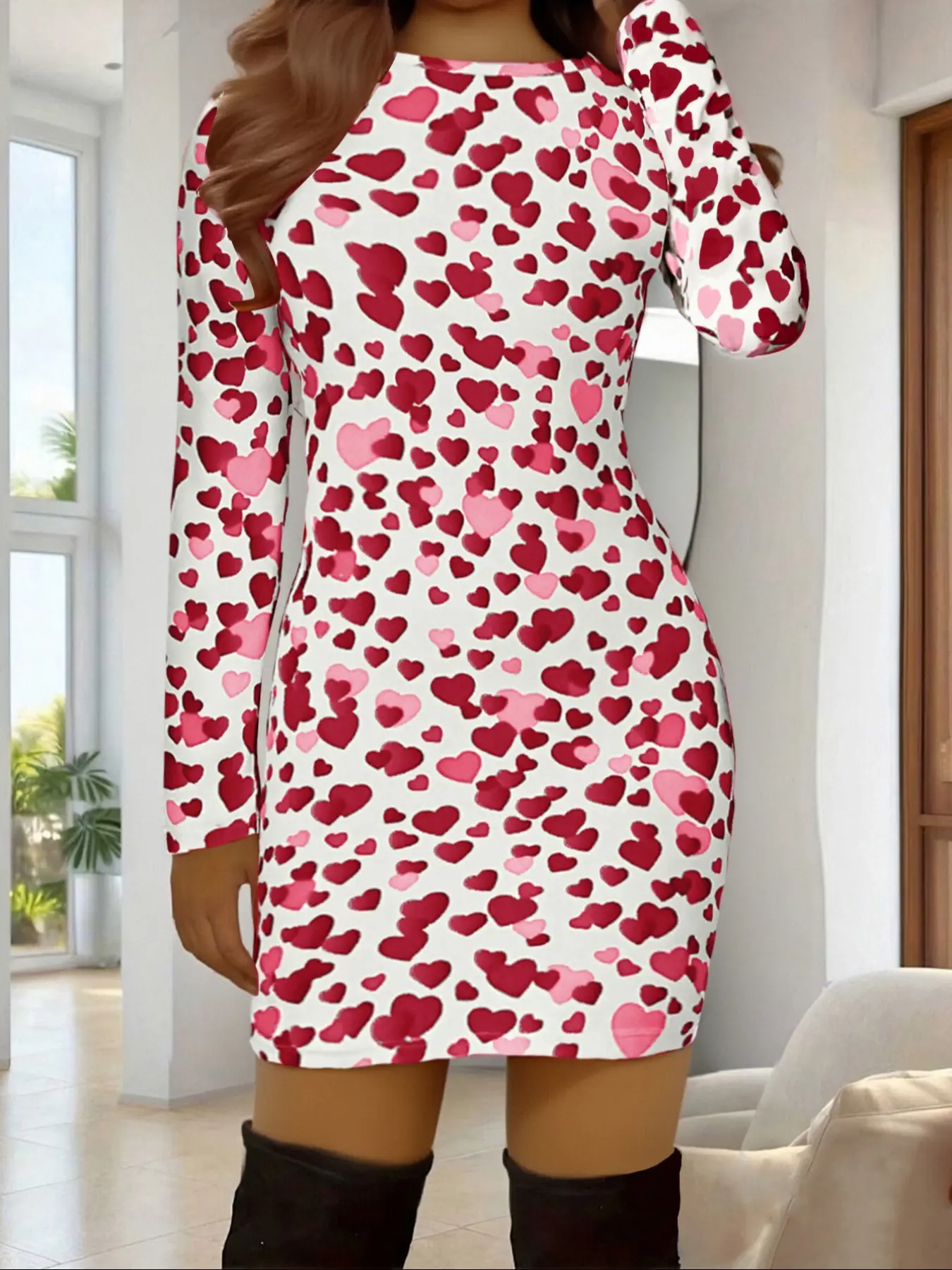 Women's Heart Print Romantic Valentine's Day Long Sleeve Dress, Elastic Polyester Blend Round Neck Mini Tight Fit, Casual Party Wear