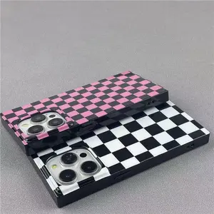 Original Ins Checkerboard Pattern Case for IP17 Pro Max 16 Pro 13 Women's Square 15 Right Angle Edge Protective Cover with Camera Cutout Pink Black Squares phone case phone cases