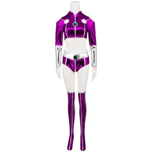 Women‘s Starfire Zentai Costume Purple PU Leather Crop Top Leggings Set for Halloween