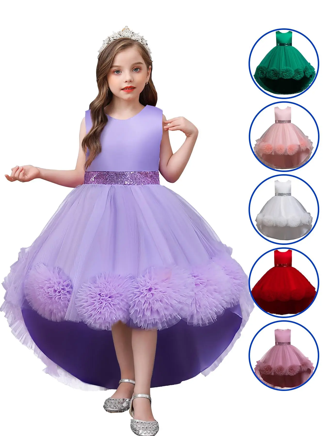 Girl's Contrast Sequin Big Bow Decor Appliques High Low Tulle Dress, Elegant Contrast Lace Sleeveless Fit & Flare Dress for Party Performance Show, Ki
