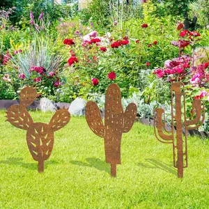 3 pieces, rusty iron cactus garden stumps, farmhouse style floor installation outdoor decoration, plant-themed metal art, ideal decoration choice for Easter, spring and summer garden courtyards